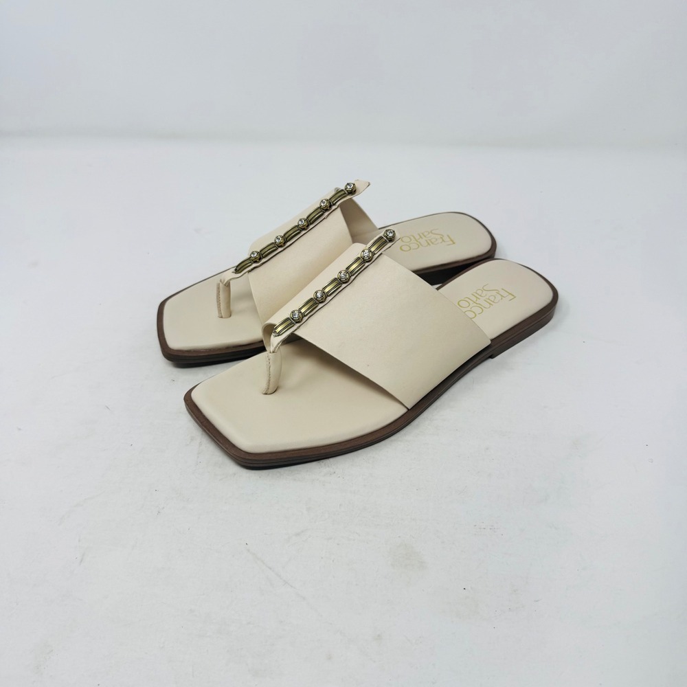 Franco Sarto T-Strap Sandals Cream Square Toe Rhinestone Size 7.5 Old Money Chic